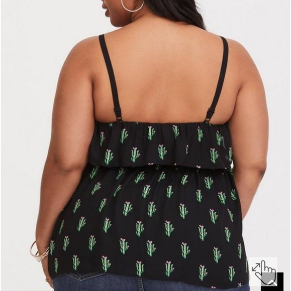 Torrid 0X Cactus Print Ruffle Chiffon Tank Top Black Green Adjustable Straps - Picture 12 of 12